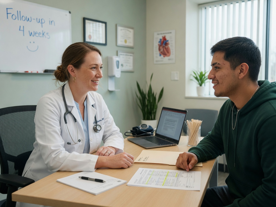 Médica sorrindo em consulta com paciente jovem