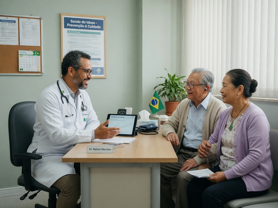 Médico atendendo casal de idosos com carinho