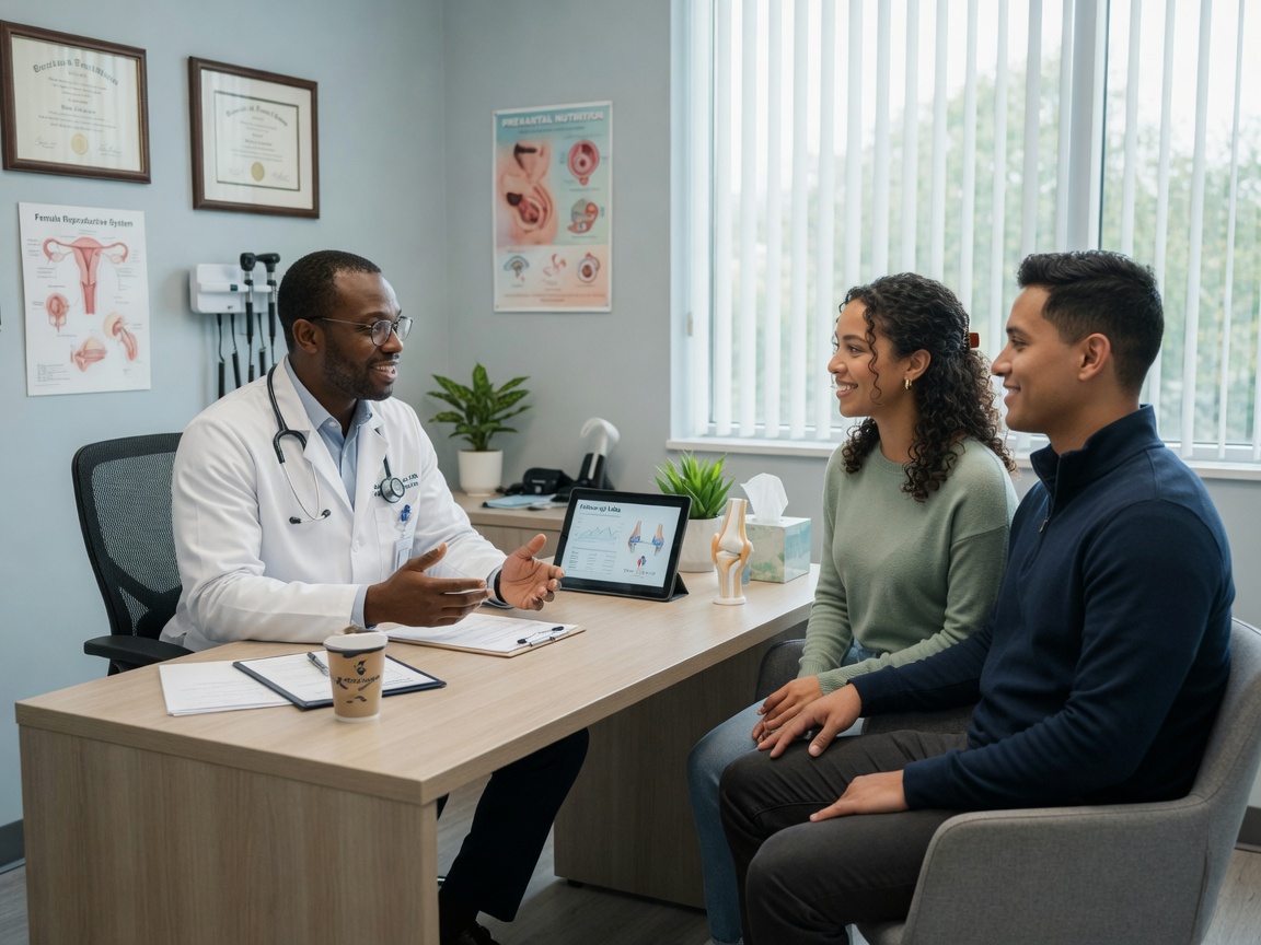 Médico atendendo casal jovem em consulta