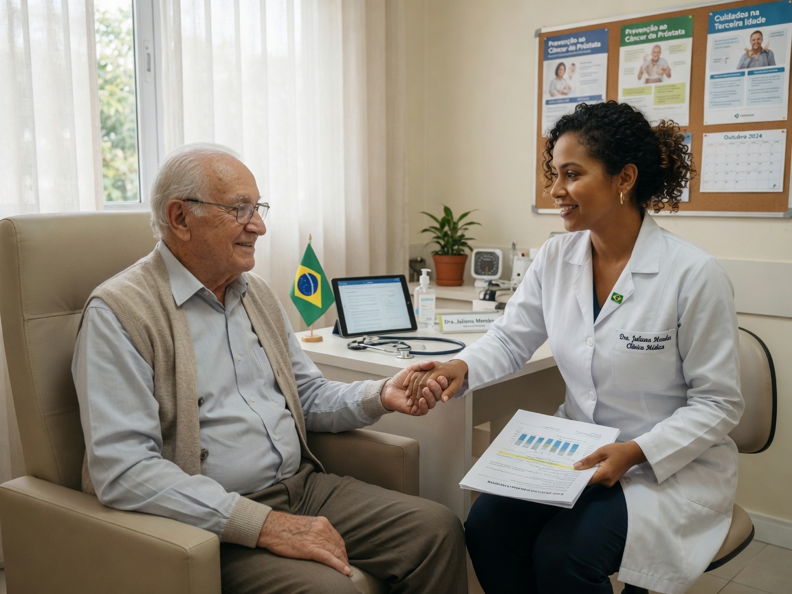 Médica atendendo paciente idoso com empatia