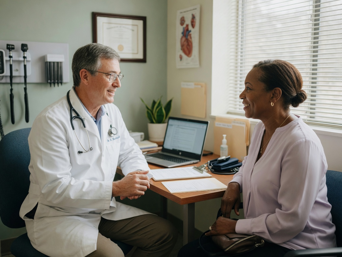 Médico consultando paciente adulta