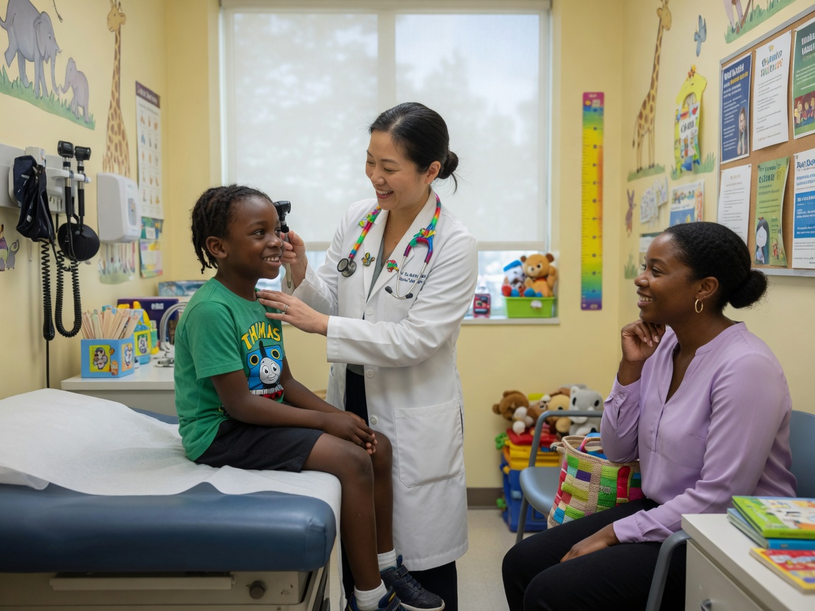 Médica atendendo criança com a mãe