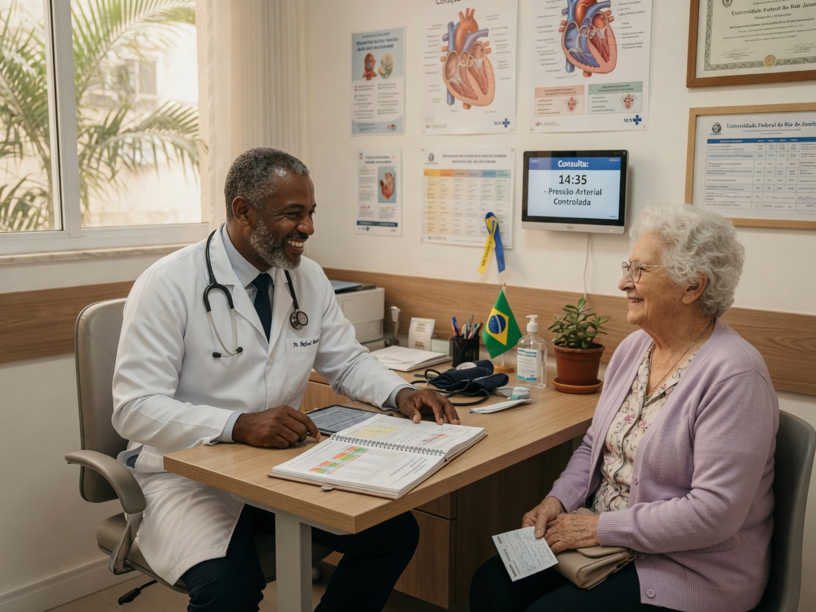Médico sorrindo atendendo paciente idosa