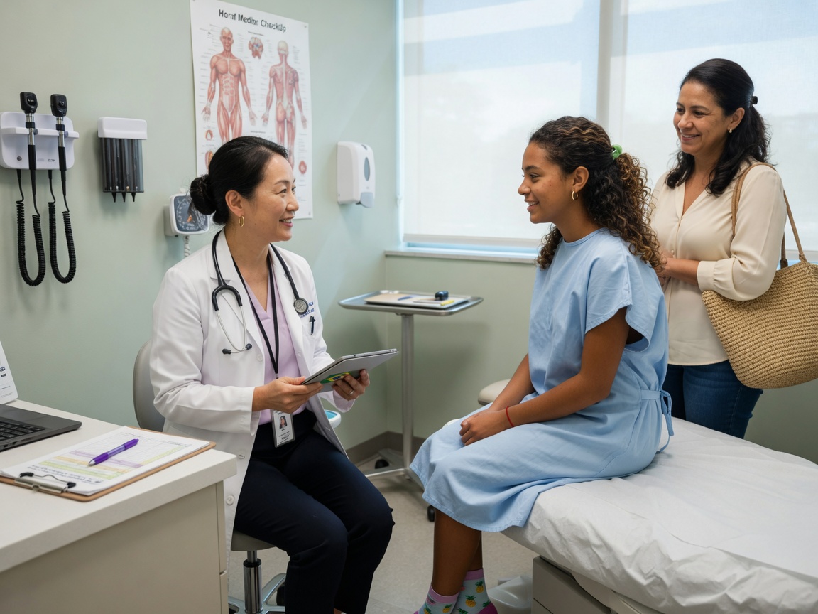 Médica em consulta com adolescente e familiar